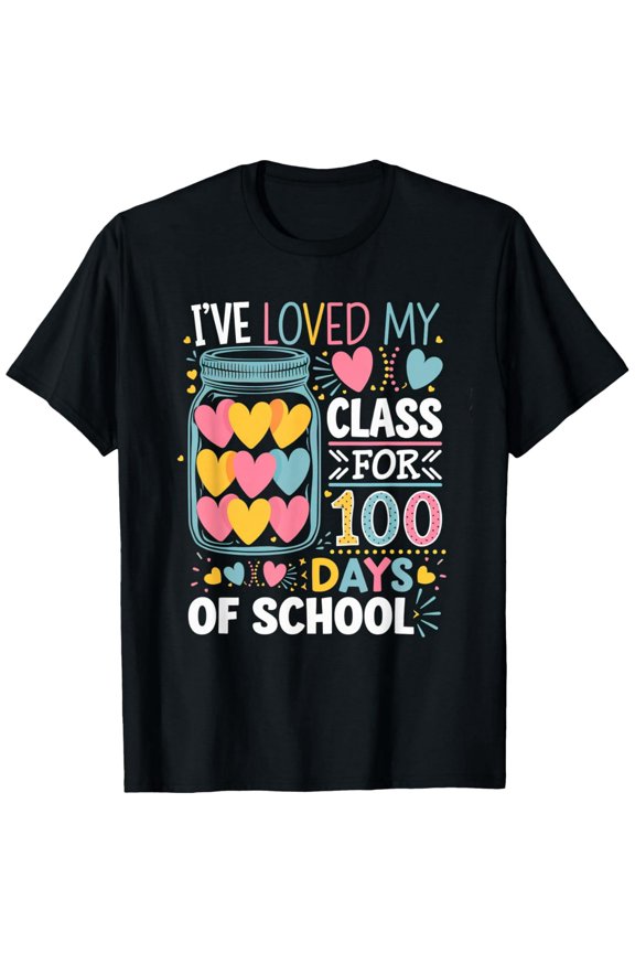 Retro 100 Days of School Teacher Shirt Colorful Hearts Mason Jar Graphic Tee Happy Classroom Celebration Apparel