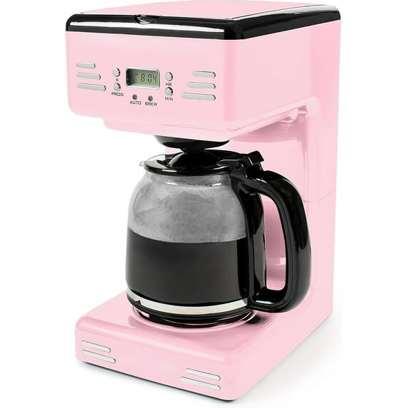Retro 12-Cup Programmable Coffee Maker With LED Display, Automatic Shut-Off & Keep Warm, Pause-And-Serve Function, Pink