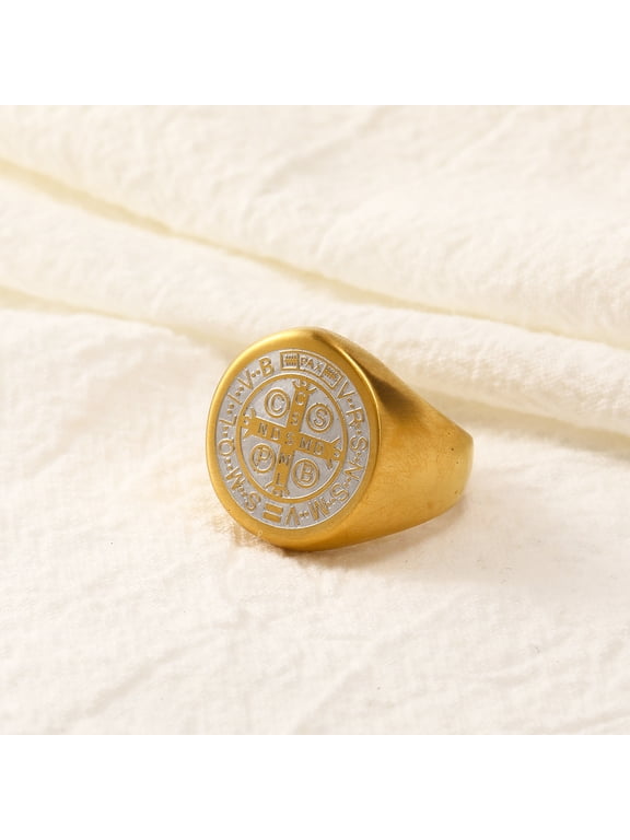 Saint Benedict Engraved Signet Ring For Men Women, 14K Gold Filled Exclusive Designed Jewelry