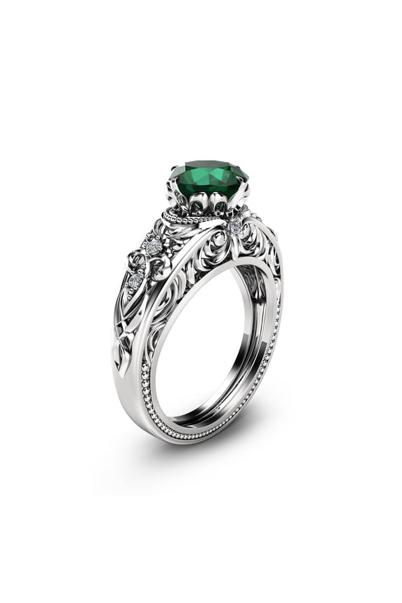 Retro 14k White Gold Emerald Engagement Ring