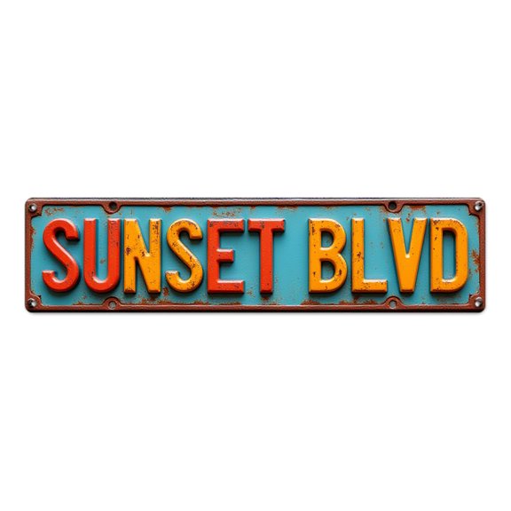 Retro 16*4 in Rusty Metal Art Garage Mount"SUNSET BLVD text on blue background" indie room decor outdoor sign wall plaques street weathered look