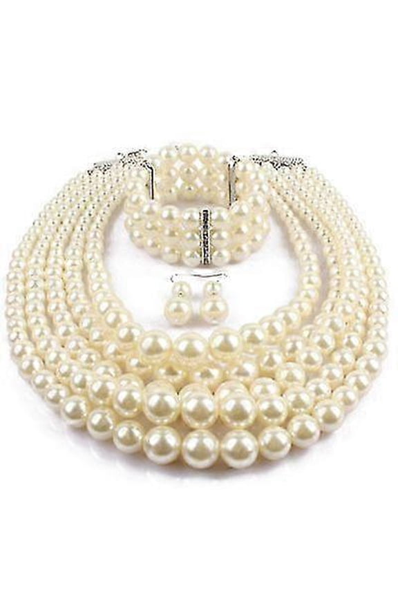 Retro 1920s Pearl Necklace Earrings Bracelet Set Multi-Layered Thick Pearl Necklace Personalized Choker Neck Bracelet Gift for Women