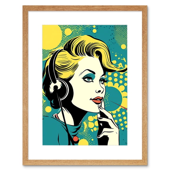 Retro 1950's Woman Telephone Headset Comic Book Style Blue Yellow Hello Girl Portrait Artwork Framed Wall Art Print 9X7 Inch