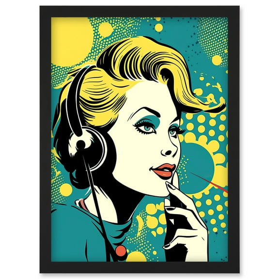 Retro 1950's Woman Telephone Headset Comic Book Style Blue Yellow Hello Girl Portrait Artwork Framed Wall Art Print A4