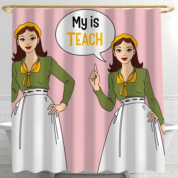Retro 1950s Comic Style Shower Curtain with Woman in Green Blouse Speech Bubble Pink Background