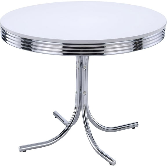 Retro 1950s Soda Fountain Diner Round Dining Room Table White Laminate Top Sturdy Steel Chrome Base 2388