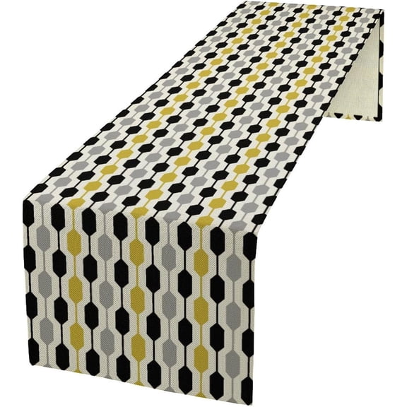 Retro 1960s Table Runner, Mid Century Modern Geometric Geometric Hexagon Yellow Gray Pattern Print Table Runner for Dinning Holiday Party Indoor Outdoor Decor 13x36 Inch