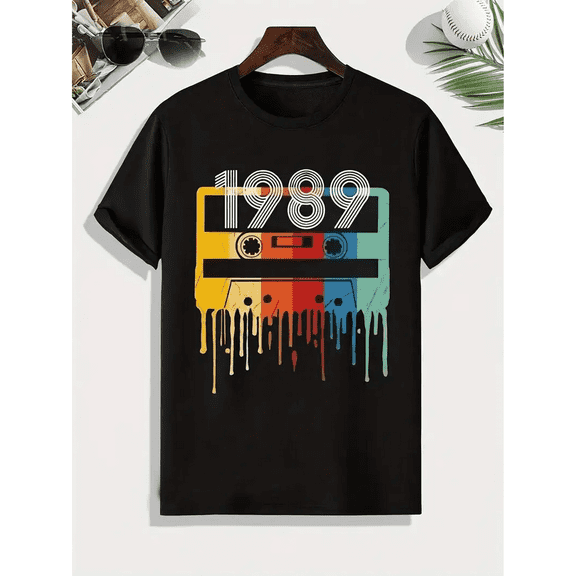 Retro 1989 Tape Graphic Print Men's Creative Top, Casual Slightly Stretch Short Sleeve Crew Neck T-shirt, Men's Tee For Summer