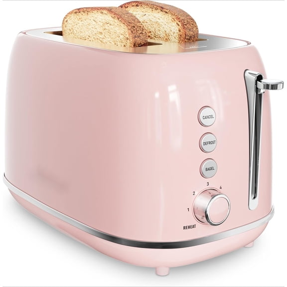 Retro 2-Slice Stainless Steel Toaster with Bagel, Defrost & Cancel Functions, 6 Bread Shade Settings, Extra Wide Slots & Removable Crumb Tray, Pink