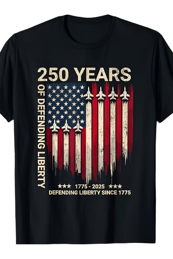 Retro 250 Years of Defending Liberty American Flag T-Shirt Patriotic USA Military Fighter Jet Graphic Tee Vintage 1775-2025 Independence Day Apparel for Men Women