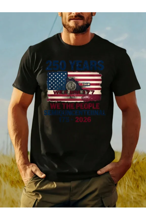 Retro 250 Years We The People American Flag T-Shirt Men's Vintage USA 2026 Semiquincentennial Graphic Tee Patriotic Independence Day Apparel