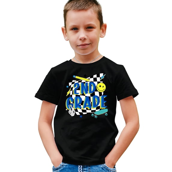 Retro 2nd Grade Shirt for Boys First Day of School Skateboard T-Shirt for Kids Black Shirt Youth Small