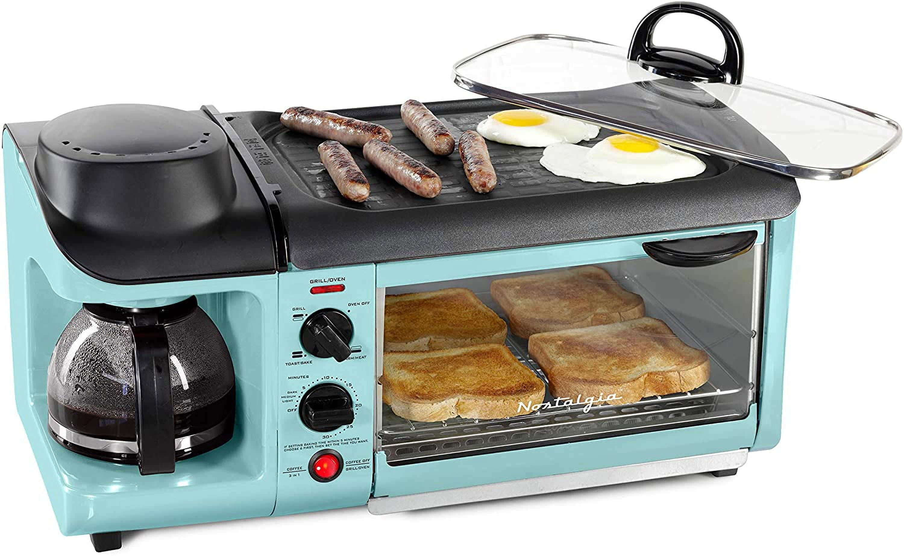 luxury Nostalgia Retro 3-in-1 Family Size Electric Breakfast Station  Non Stick Die Cast Grill/Griddle  4 Slice Toaster Oven  Coffee Maker  Aqua