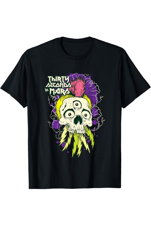 Retro 30 Seconds To Mars Neon Mohawk Skull Chest Graphic T-Shirt, Size S-5XL