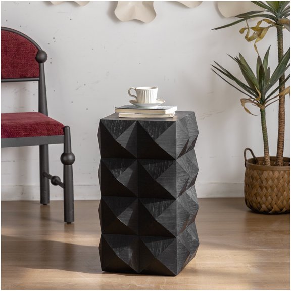 Retro 3D Embossed Side Table, Solid Wood End Table with Carved Pattern, Black Accent Table for Living Room