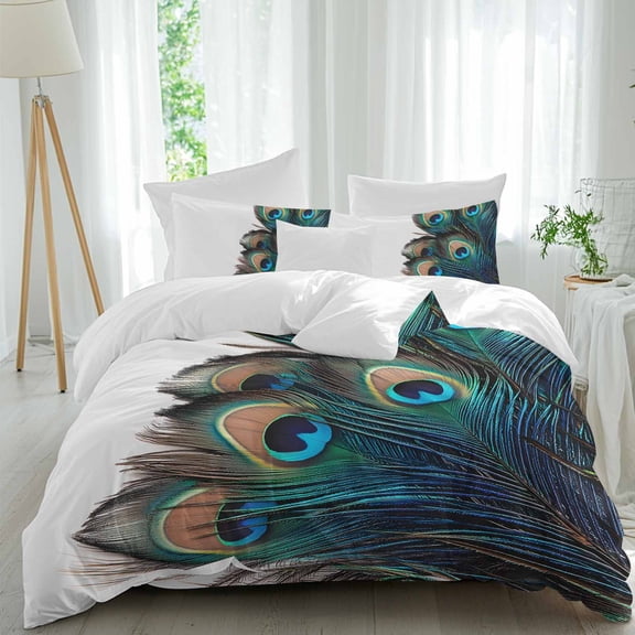 Retro 4 Piece Duvet Cover Set Queen Size Peacock Feathers Abstract Art Soft Bedding Set Comforter Cover, 1 Duvet Cover 1 Flat Sheets and 2 Pillowcases