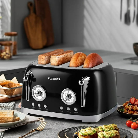 Retro 4-Slice Toaster with Wide Slots, Stainless Steel, 6 Toast Settings, Bagel, Cancel, Defrost & Reheat Functions, Dual Independent Control Panels, Black