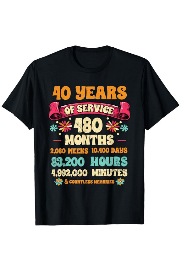 Retro 40 Years of Service Retirement Gift T-Shirt Funny Work Anniversary Appreciation Tee for Men Women Vintage Style 480 Months 10400 Days Countless Memories Graphic Top