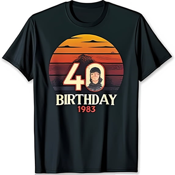 Retro 40th Birthday Black T-Shirt with Sunset Graphic & Personalized Design