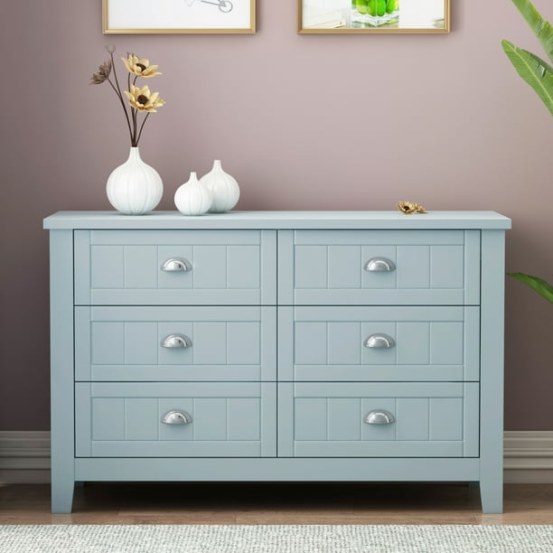 Retro 47.24 Inch L Storage Dresser Bar Cabinet with 6 Drawers Buffet Sideboard with Solid Wood Frame Side Cabinet for Living Room Bedroom Dining Room Kitchen Hallway Entryway Blue Gray Walmart Busines...