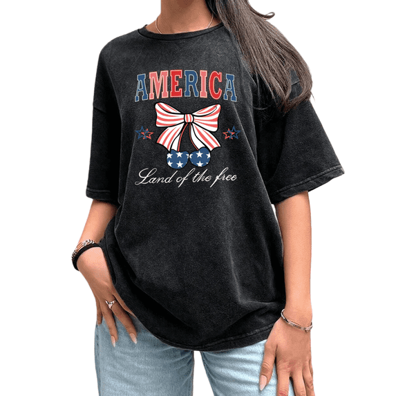 Retro 4th Of July Cherry Graphic Womens Washed Black T-Shirt S-2XL Tops