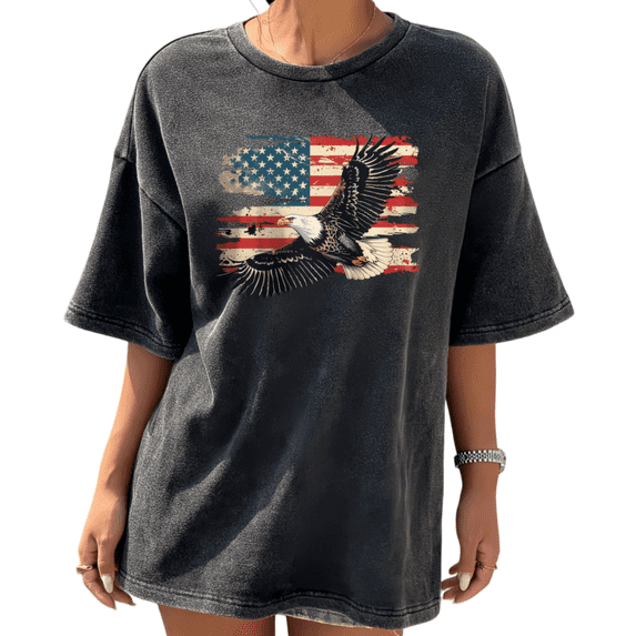 Retro 4th Of July USA Eagle Womens Washed Black T-Shirt S-2XL Tops