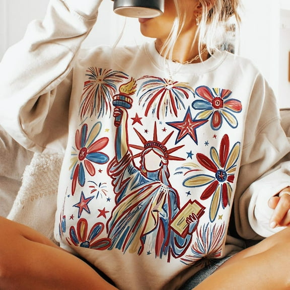 Retro 4th of July Statue of Liberty Sweatshirt, America USA Flag Pullover, American Girl Independence Day Crewneck, Patriotic 4th July Design
