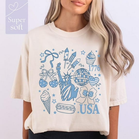 Retro 4th of July T-Shirt, Patriotic USA Tee, Coquette Style Independence Day Shirt for Women, Memorial Day Outfit