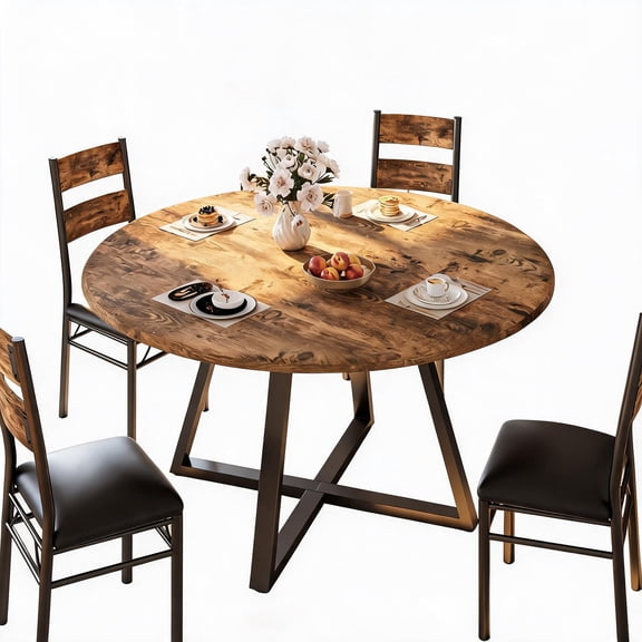 Retro 5-Piece Round Dining Table Set for 4 – Sturdy Thick Wooden Frame with 4 Unupholstered Chairs – Space-Saving Kitchen Table Set for Apartment & Small Spaces