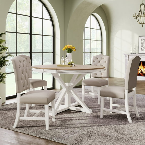 Retro 5-Piece Wooden Dining Table Set, Extendable Table with Butterfly Leaf & X-shaped Base and 4 Dining Chairs with Back Flared Legs & Button Tufting, Furniture Set for Kitchen Dining Room, Oak