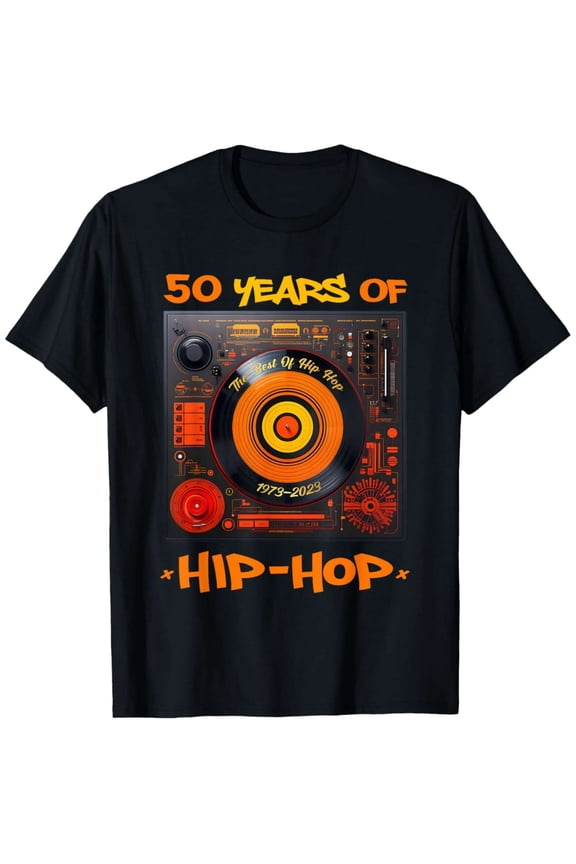 Retro 50 Years of Hip Hop 1973-2023 DJ Turntable Vinyl Record Graphic T-Shirt Vintage Music Lover Streetwear Tee for Men and Women