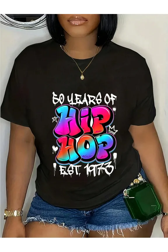 Retro 50 Years of Hip Hop Est 1973 Graphic T-Shirt for Women, Colorful Graffiti Urban Streetwear Short Sleeve Tee, Funky Music Lover Anniversary Top