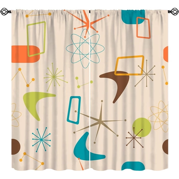 Retro 50s Curtains, Medieval Aesthetics Atomic Geometry Beige Background Window Treatments, Rod Pocket Thermal Insulated Drapes 2 Panel Sets for Bedroom Living Room, 55" W X 39" L