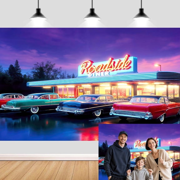 Retro 50s Roadside Diner Backdrop 6x4ft, Vintage Classic Car Neon Sign Photography Background, 1950s Sock Hop Party Decoration Backdrop, American Diner Photo Booth Prop for Birthday & Themed Events
