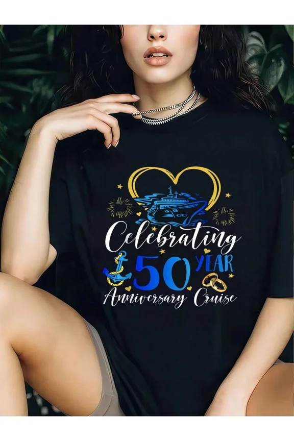 Retro 50th Wedding Anniversary Cruise T-Shirt - Funny Golden Anniversary Vacation Tee for Couples - Nautical Theme Celebrating 50 Years Together Apparel