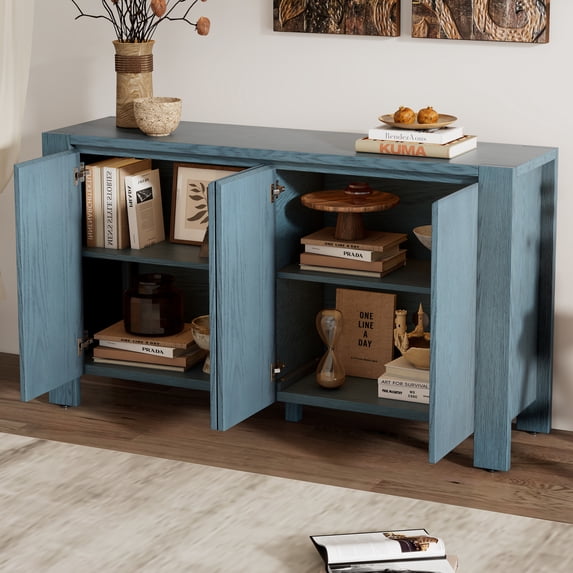 Retro 59'' Large Storage Cabinet 4-door Sideboard with Distressed Finish and Adjustable Shelves, Solid Wood Console Table Buffet Sideboard for Entryway Kitchen Dining Room Living Room, Navy