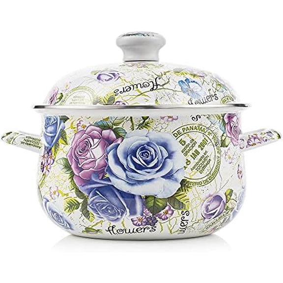 Retro 5QT Flower Enamel on Steel Stock Soup pot with Lid, Stockpots for Cooking