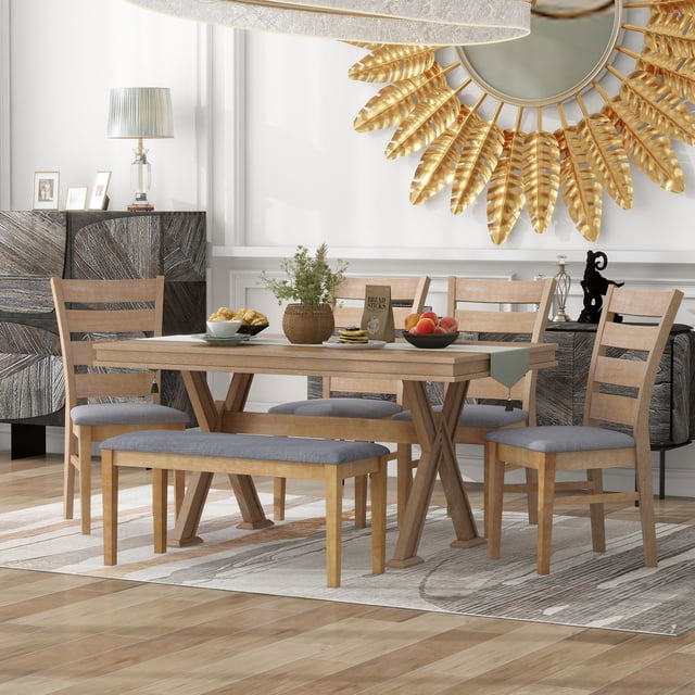 Retro 6-Piece Dining Table Set for 6, 59" L Rectangular Table with ...