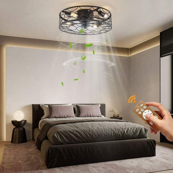 Retro 6-Speed Ceiling Fan Light with Remote, Quiet Motor & Timer, Black Metal Cage Design