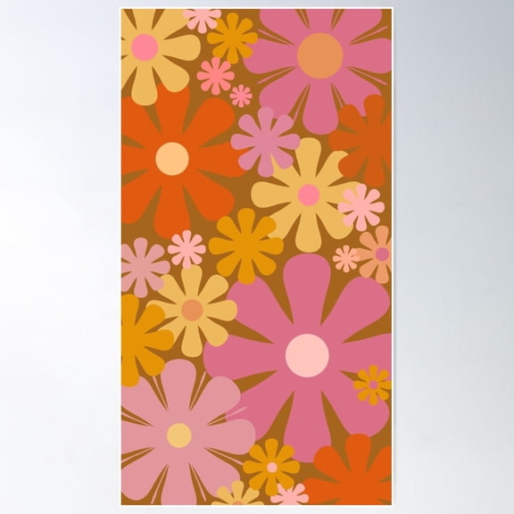 Retro 60S 70S Flowers - Vintage Style Floral Pattern In Thulian Pink, Orange, Mustard, And Brown Poster Wall Art, Modern Wall Decor For Living Room Bedroom, 8x12 UNFRAMED
