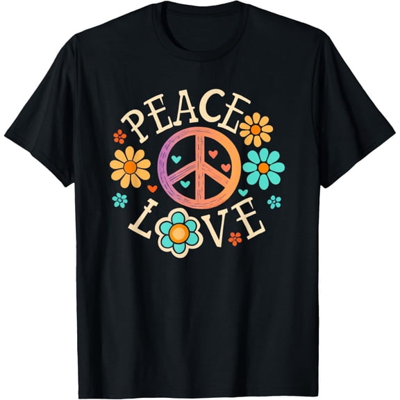 Retro 60s 70s Groovy Hippie Flowers Peace Sign Peace Love T-Shirt