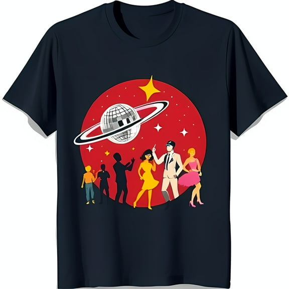 Retro 60s 70s Style Blue T-Shirt with Dancing Figures & Planet Design
