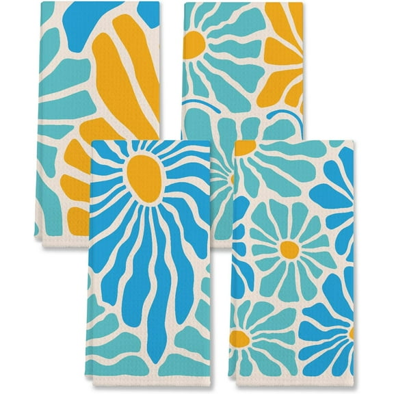 Retro 60s Groovy Hippie Light Blue and Yellow Flower Matisse Floral Kitchen Towels,Dish Cloth Flour Sack Hand Towel for Farmhouse Kitchen Decor,26x18 Inches Cotton Dish Towels Dishcloths