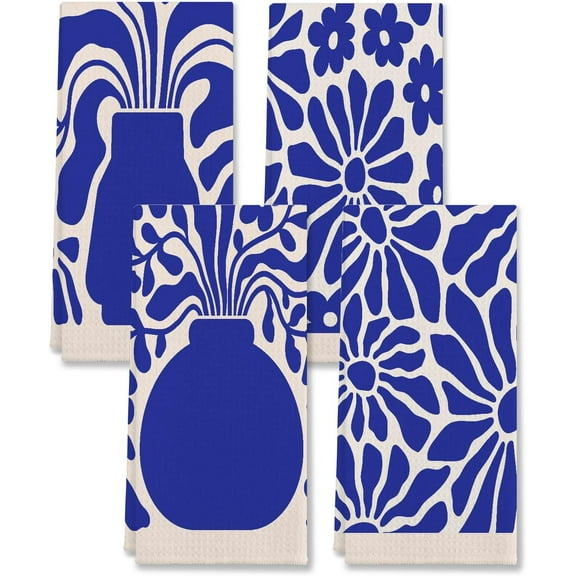 Retro 60s Groovy Hippie Navy Botanical Flower Matisse Floral Kitchen Towels,Dish Cloth Flour Sack Hand Towel for Farmhouse Kitchen Decor,26x18 Inches Cotton Dish Towels Dishcloths