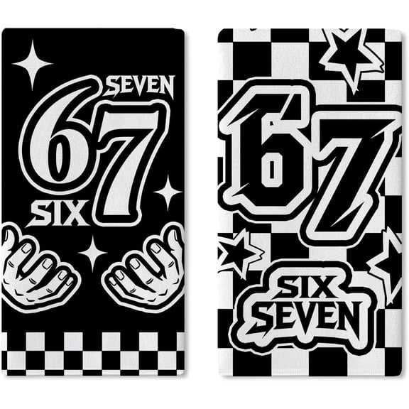Retro 67 Meme Racing Kitchen Dish Towels Set of 2, Funny Six Seven Black White Checkered Hands Drying Hand Towel Baking Cooking Cloth, Boys Race Car Lover Gifts Bathroom Home Decor 18''x26''