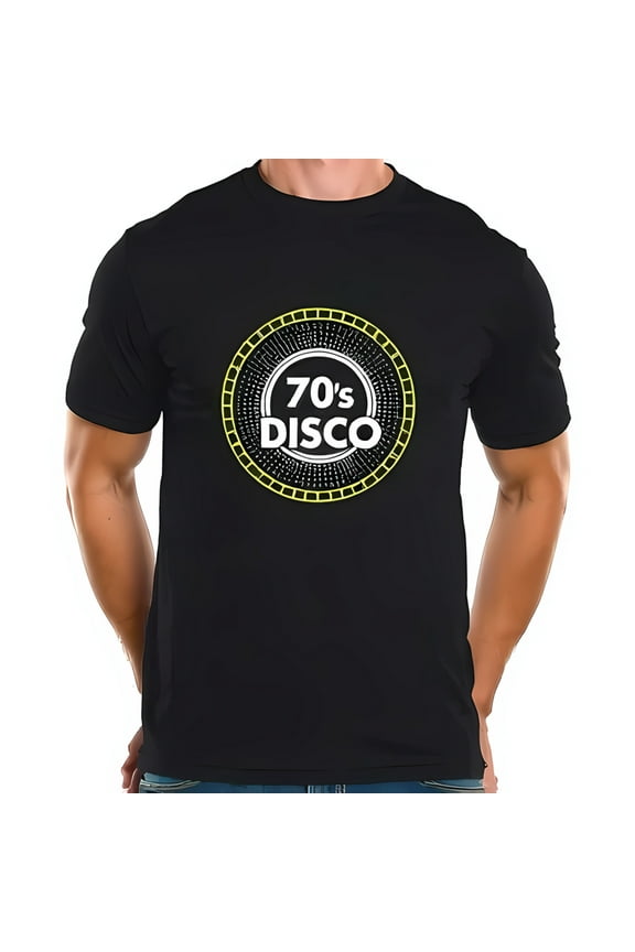 Retro 70's Disco Graphic Cotton Short Sleeve T-Shirt for Men - Bold White Text & Yellow Circle Design