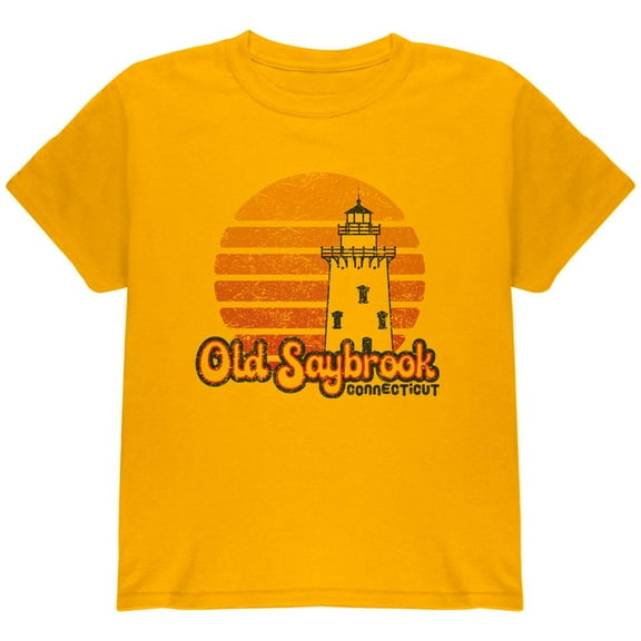 Retro 70's Sunset Old Saybrook Lighthouse Youth T Shirt Gold YXL