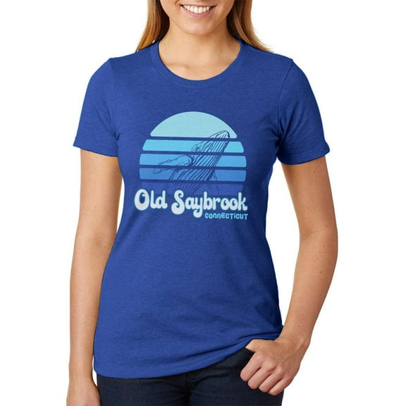 Retro 70's Sunset Old Saybrook Whale Juniors Soft Blend T Shirt Heather Royal 2XL
