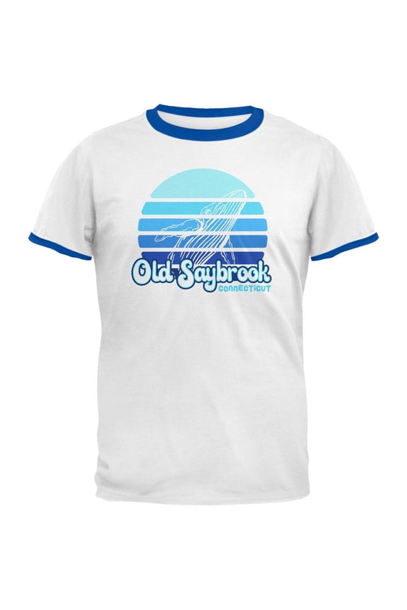 Retro 70's Sunset Old Saybrook Whale Mens Ringer T Shirt White-Royal MD