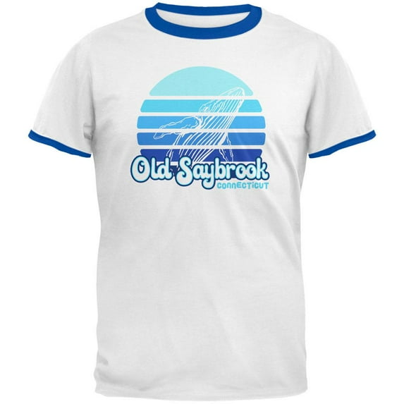 Retro 70's Sunset Old Saybrook Whale Mens Ringer T Shirt White-Royal SM
